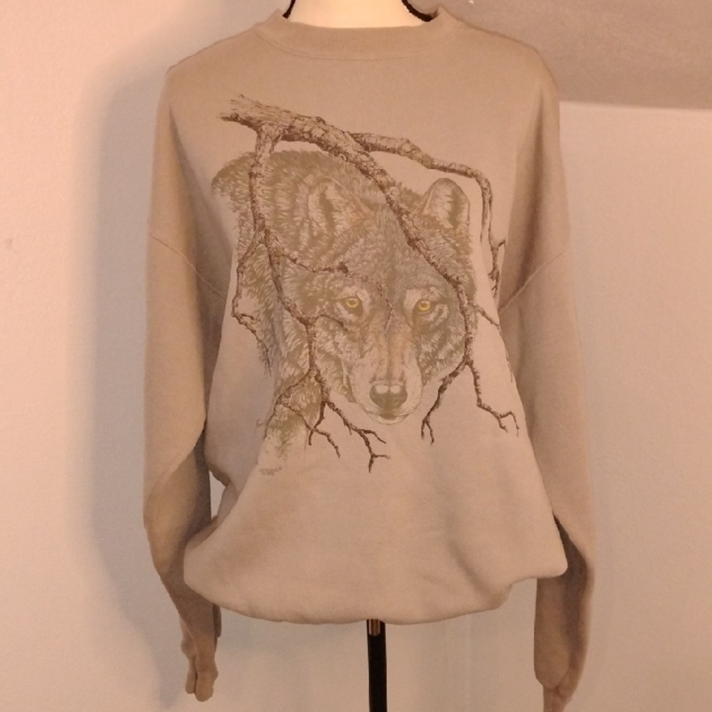 Vintage 1996 Artisans Wolf Crew Sweatshirt Beige/Taupe Color Size X Large Unisex